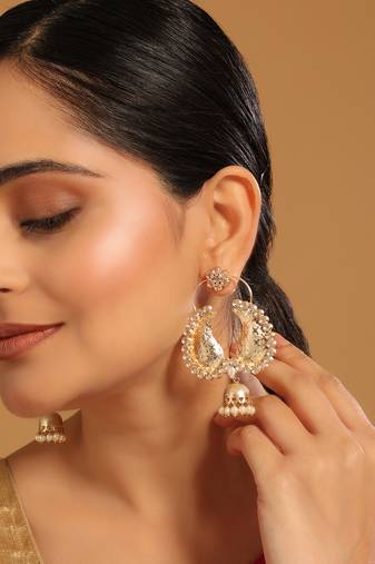 gold plated white stone studded contemporary mini jhumki dangler earrings