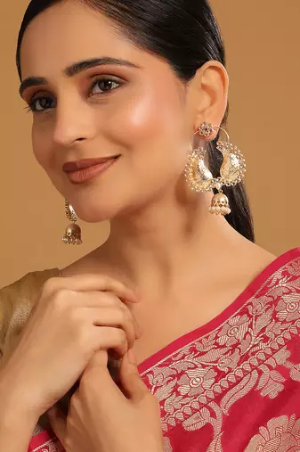 gold plated white stone studded contemporary mini jhumki dangler earrings