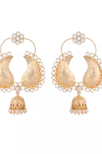 gold plated white stone studded contemporary mini jhumki dangler earrings