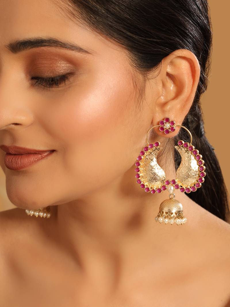 gold plated pink paisley bloom earrings
