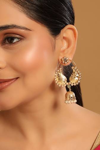 gold plated pearls studded contemporary shaped mini jhumki drop dangler earrings