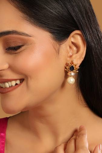 gold plated pearl & crystal studded contemporary floral stud earrings