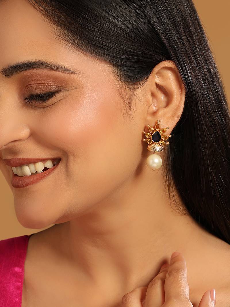 gold plated pearl & crystal studded contemporary floral stud earrings