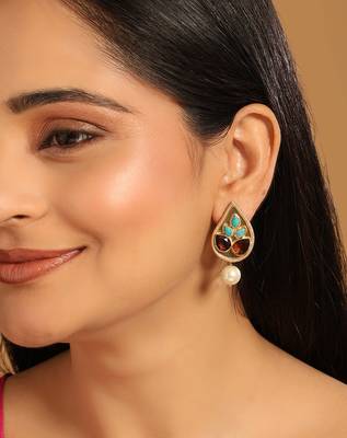 gold plated faux turquoise stone studded contemporary petal shaped pearl drop stud earrings 1