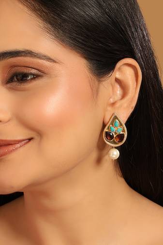 gold plated faux turquoise stone studded contemporary petal shaped pearl drop stud earrings