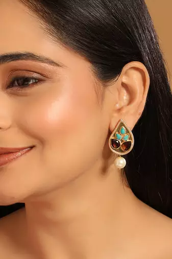 gold plated faux turquoise stone studded contemporary petal shaped pearl drop stud earrings