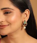gold plated faux turquoise stone studded contemporary petal shaped pearl drop stud earrings