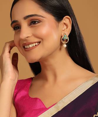 gold plated faux turquoise stone studded contemporary petal shaped pearl drop stud earrings 2