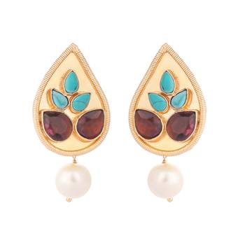 gold plated faux turquoise stone studded contemporary petal shaped pearl drop stud earrings 3