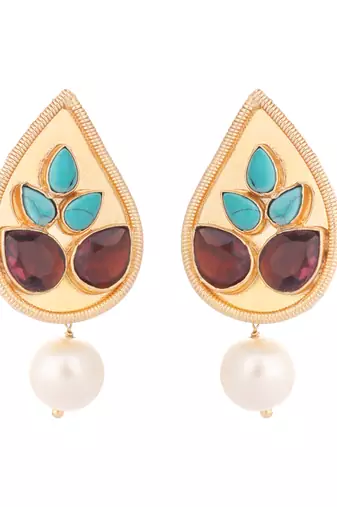 gold plated faux turquoise stone studded contemporary petal shaped pearl drop stud earrings