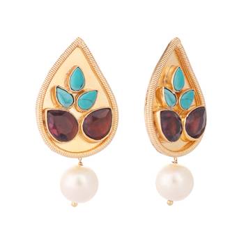 gold plated faux turquoise stone studded contemporary petal shaped pearl drop stud earrings 4