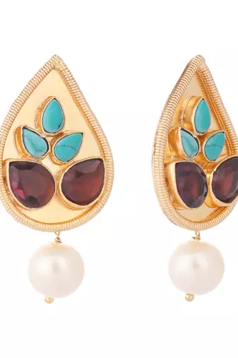 gold plated faux turquoise stone studded contemporary petal shaped pearl drop stud earrings