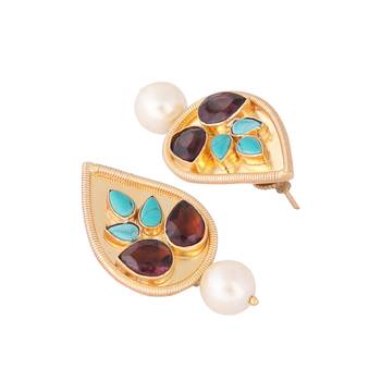 gold plated faux turquoise stone studded contemporary petal shaped pearl drop stud earrings 5