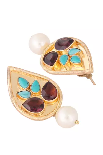 gold plated faux turquoise stone studded contemporary petal shaped pearl drop stud earrings