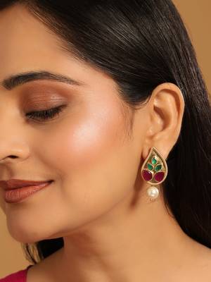 gold plated ruby stone studded contemporary petal shaped pearl drop stud earrings 1