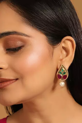 gold plated ruby stone studded contemporary petal shaped pearl drop stud earrings
