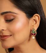 gold plated ruby stone studded contemporary petal shaped pearl drop stud earrings