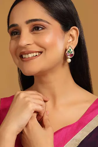 gold plated ruby stone studded contemporary petal shaped pearl drop stud earrings