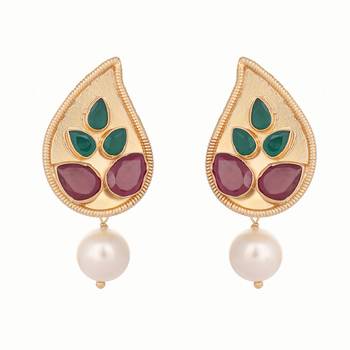 gold plated ruby stone studded contemporary petal shaped pearl drop stud earrings 3