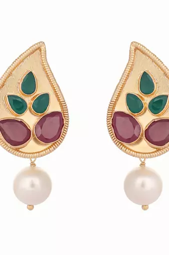 gold plated ruby stone studded contemporary petal shaped pearl drop stud earrings
