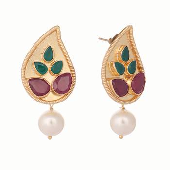 gold plated ruby stone studded contemporary petal shaped pearl drop stud earrings 4