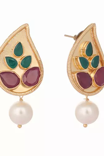gold plated ruby stone studded contemporary petal shaped pearl drop stud earrings