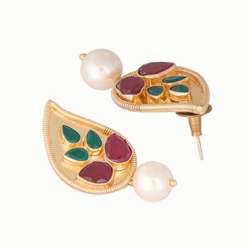 gold plated ruby stone studded contemporary petal shaped pearl drop stud earrings 5