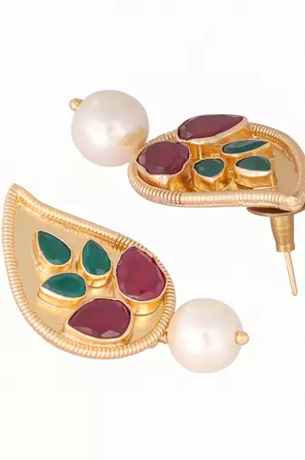 gold plated ruby stone studded contemporary petal shaped pearl drop stud earrings