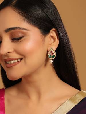 gold plated emarald stone studded contemporary petal shaped pearl drop stud earrings 1