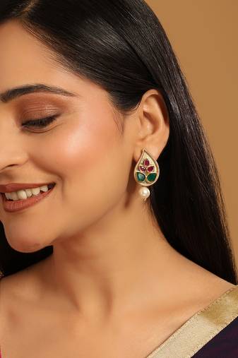 gold plated emarald stone studded contemporary petal shaped pearl drop stud earrings