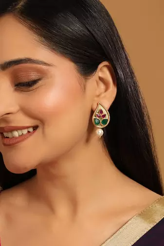 gold plated emarald stone studded contemporary petal shaped pearl drop stud earrings