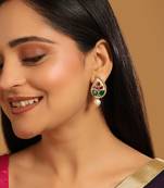 gold plated emarald stone studded contemporary petal shaped pearl drop stud earrings