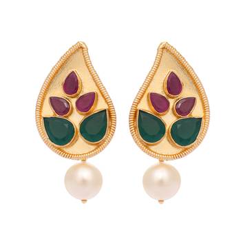 gold plated emarald stone studded contemporary petal shaped pearl drop stud earrings 3