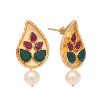 gold plated emarald stone studded contemporary petal shaped pearl drop stud earrings 4