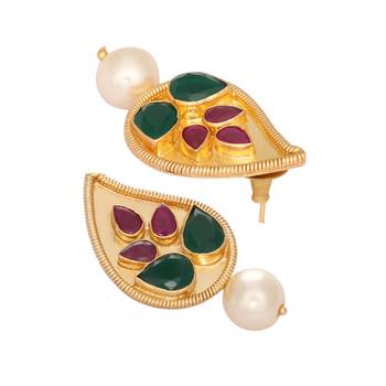 gold plated emarald stone studded contemporary petal shaped pearl drop stud earrings 5