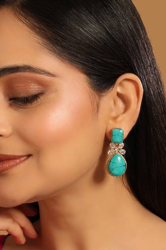 gold plated turquoise stone studded contemporary drop earrings