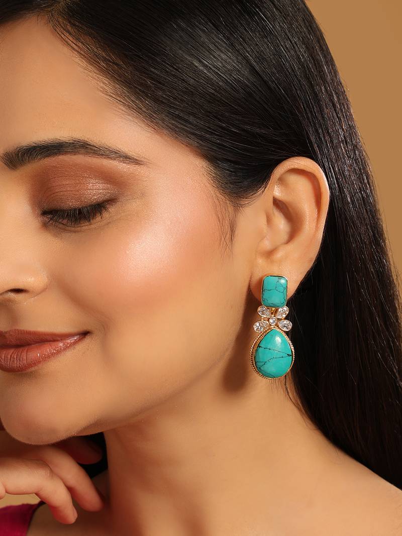 gold plated turquoise stone studded contemporary drop earrings