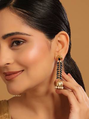 gold plated blue onyx & pearl studded dome shaped jhumkas 1