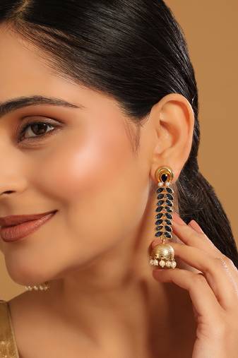 gold plated blue onyx & pearl studded dome shaped jhumkas