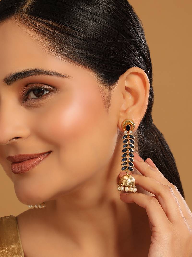 gold plated blue onyx & pearl studded dome shaped jhumkas