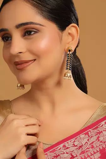 gold plated blue onyx & pearl studded dome shaped jhumkas