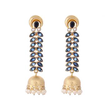 gold plated blue onyx & pearl studded dome shaped jhumkas 3