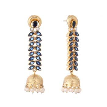 gold plated blue onyx & pearl studded dome shaped jhumkas 4