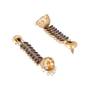 gold plated blue onyx & pearl studded dome shaped jhumkas 5