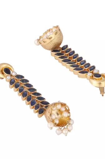 gold plated blue onyx & pearl studded dome shaped jhumkas