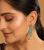gold plated pearl & turquoise stone studded contemporary shaped jhumkas