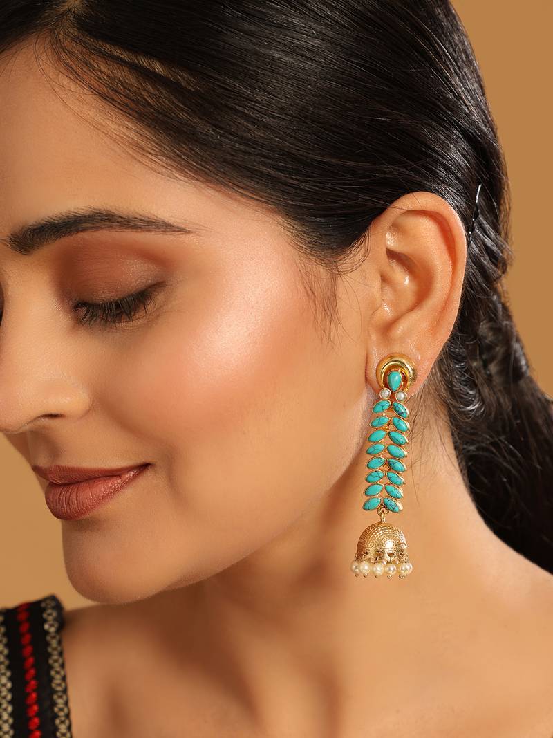 gold plated pearl & turquoise stone studded contemporary shaped jhumkas