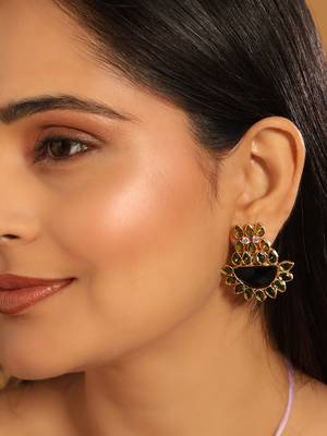 gold plated dark crystal studded contemporary floral shaped stud earrings 1