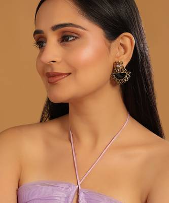gold plated dark crystal studded contemporary floral shaped stud earrings 2