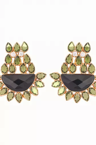 gold plated dark crystal studded contemporary floral shaped stud earrings